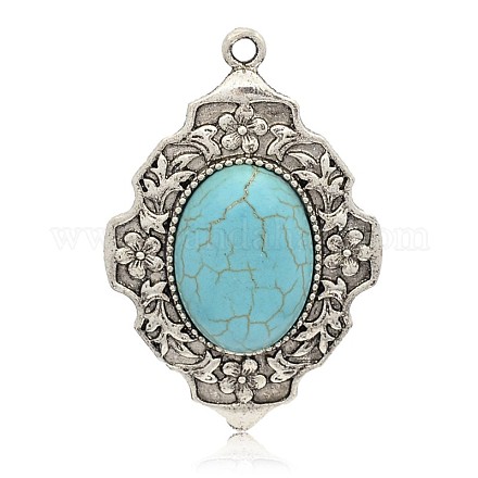 Antique Silver Plated Oval Alloy Synthetic Turquoise Big Pendants PALLOY-J176A-03AS-1
