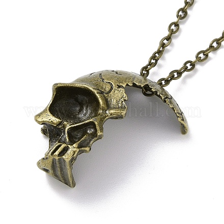 Retro Alloy Broken Half Skull Pendant Necklace for Men Women NJEW-B085-04B-1