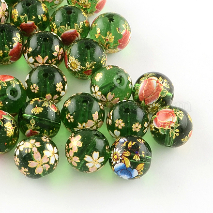 Mixed Flower Picture Printed Glass Round Beads GFB-R004-12mm-M15-1