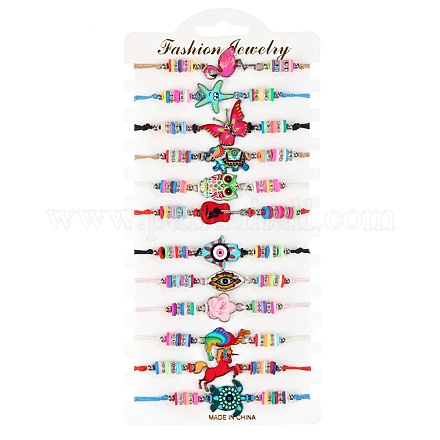 12Pcs 12 Style Flamingo & Butterfly & Starfish & Hamsa Hand with Evil Eye & Flower Alloy Link Braided Bead Bracelets Set BJEW-WH0020-01-1