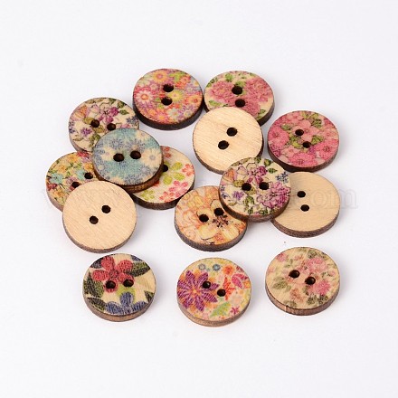 2-Hole Flat Round Flower Printed Wooden Sewing Buttons BUTT-M011-25-1