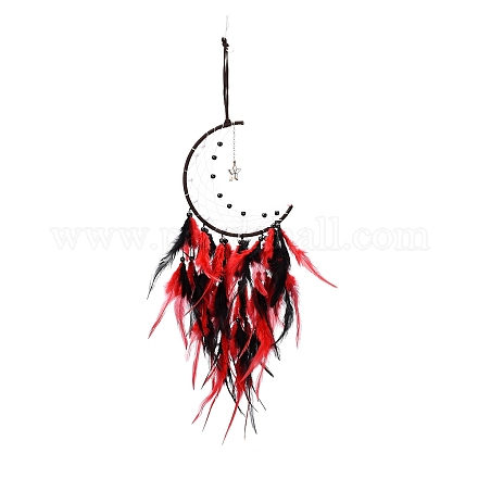 Moon Woven Net/Web with Feather Pendant Decoration HJEW-I013-05-1