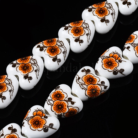 手作りの磁器セラミックビーズ連売り  印刷された花  ハート  ダークオレンジ  15x15x7mm  穴：3mm  約23個/連  12.8インチ（32.5cm） PORC-S502-042A-1