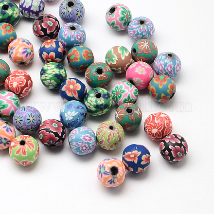 Handmade Flower Pattern Polymer Clay Round Beads CLAY-Q221-24-1