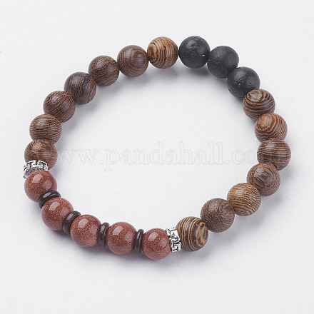 Natural Lava Rock & Wenge Wood Beads & Coconut Stretch Bracelets BJEW-I241-03F-1