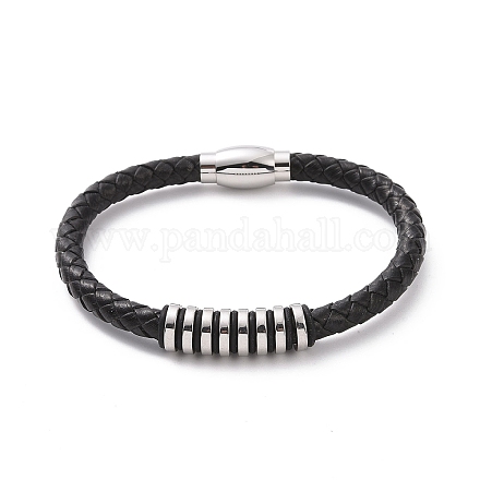 Black Leather Braided Cord Bracelet with 304 Stainless Steel Magnetic Clasps BJEW-P275-02P-1