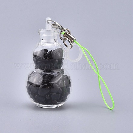 透明ガラスウィッシングボトルペンダントデコレーション  中に天然の黒曜石チップが入っています  プラスチックプラグ  ナイロンコードと鉄のパーツ  ヒョウタン  111~130mm HJEW-K033-B05-1
