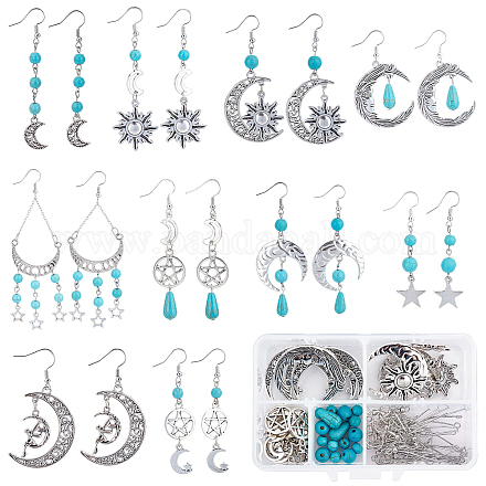 SUNNYCLUE 1 Box DIY 10 Pairs Bohemian Style Sun Moon Star Charms Earring Making Kit Fairy Charm Moon Phase Charms for Jewelry Making Synthetic Turquoise Gemstone Round Beads Adult Women Starter Kit DIY-SC0020-19-1