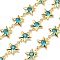 Brass Glass Link Chains, with Star Charms & Spool, Long-Lasting Plated, Soldered, Lead Free & Cadmium Free, Rack Plating, Real 18K Gold Plated, Deep Sky Blue, 14x10.5x3mm