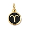 Real 18K Gold Plated Brass Enamel Charms, with Jump Ring, Long-Lasting Plated, Lead Free & Cadmium Free, Flat Round with Aries Charms, Black, 10x8x1mm, Hole: 4mm