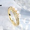 Brass Micro Pave Clear Cubic Zirconia Finger Rings for Women, with Plastic Pearl, Real 18K Gold Plated, Flat Round, 6mm, Inner Diameter: 17.1mm
