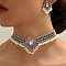 Rhombus Alloy Rhinestone Choker Necklace & Earrings Sets for Women, with Plastic Imitation Pearl, Antique Silver, Pink, Necklaces: 320~420mm; Earring: 45mm