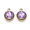 K5 Glass Pendants, Flat Round, Faceted, with Alloy Findings, Light Gold, Medium Purple, 17~17.7x14x5.2~6mm, Hole: 2mm