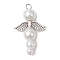 Pearlized Glass Pearl Bead Pendants, Angel Charms, with Alloy Wings and Copper Wire, White, 33x20.5x8mm, Hole: 3mm
