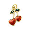 Brass Enamel Pendants, with Jump Rings, Heart Cherry Charm, Real 18K Gold Plated, FireBrick, 17x12x2.5mm, Hole: 3.2mm