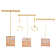 FINGERINSPIRE 3 Pcs Gold Metal T Bar Earring Display Stand with Wooden Base 4 Holes Jewelry Holders Hanging Earring Organizer for Store Retail Photography Props（Square Base EDIS-WH0011-05-1