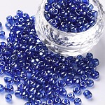 Perles de rocaille en verre, trans. couleurs lustered, ronde, bleu, 4mm, Trou: 1.5mm, environ 4500 pcs / livre