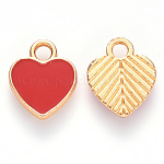 Charms del esmalte de la aleación, corazón, la luz de oro, rojo, 12x10x2mm, agujero: 2 mm