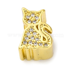 Perline europee di micro pavé di zirconi cubici in ottone placcato a cremagliera, placcato di lunga durata,  cadmio& piombo libero, perlina a forma di gatto con foro grande, vero placcato oro 18k, 12x9x9mm, Foro: 5 mm