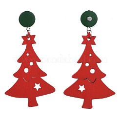 クリスマスツリー染めポプラウッドダングルスタッドピアス  304ステンレススチールスタッドピアス金具とプラスチック製イヤーナット付き  レッド  87mm  ピン：0.7mm&nbsp;EJEW-JE03359-02
