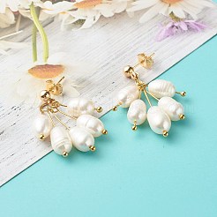 天然パールのスタッドピアス  真鍮製のピアスパーツ  ライス  ゴールドカラー  ホワイト  37mm  ピン：0.8mm&nbsp;X1-EJEW-TA00006