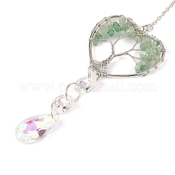 Обернутое проволокой сердце из натурального зеленого авантюрина с подвесками в виде дерева жизни HJEW-K046-02P-07