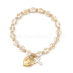 2 Stück 2-farbiges Acrylperlen- & Legierungsemaille-Kreuz- & CCB-Kunststoff-Herz-Stretch-Charm-Armband-Set für Damen&nbsp;BJEW-JB14200
