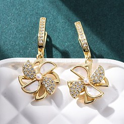 Серьги-кольца из латуни с микропаве из прозрачных кубических цирконий в форме ветряной мельницы&nbsp;KK-D363-16G