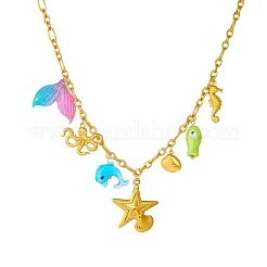 Женские ожерелья с подвесками в виде морских звезд и морских коньков из нержавеющей стали 304 и пластика&nbsp;NJEW-G180-04G