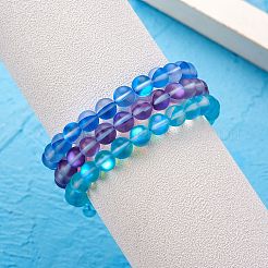3個のラウンド合成ムーンストーン編組ビーズブレスレット  女性のためのアクセサリー用原石のアクセサリー  ブルー  内径：1-7/8~3-1/4インチ（4.8~8.3cm）&nbsp;BJEW-SW00061-02