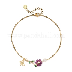 Fußkettchen aus Edelstahl 304 mit natürlicher Rubinperle und Blumenmuster für Damen&nbsp;AJEW-AN00854