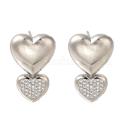 Серьги-гвоздики в форме сердца из латуни с микропаве из прозрачного кубического циркония&nbsp;EJEW-H143-26P