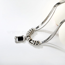Collares con colgante rectangular de acero inoxidable 304 con ágata negra natural (teñida y tratada térmicamente) para mujer.&nbsp;WG07BA4-01
