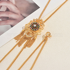 Винтажная готическая латунная брошь-лариат с длинной кисточкой и кубическими цирконами в цветочек&nbsp;GO0016-3