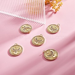 5個真鍮マイクロパヴェクリアキュービックジルコニアペンダント  丸カン付き  長持ちメッキ  鳥と十字架のあるフラットラウンド  ゴールドカラー  27.5x25x2.3mm  穴：3.7mm&nbsp;ZIRC-SZ0004-46