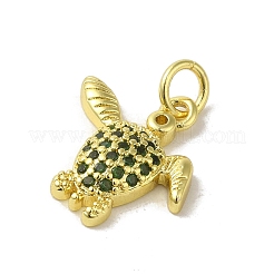 本物の 18k 金メッキ真鍮パヴェグリーンキュービックジルコニアペンダント  カドミウムフリー＆ニッケルフリー＆鉛フリー  丸カン付き  カメ  14.5x14.5x3.5mm  穴：3mm&nbsp;KK-M283-07E-03
