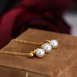 Collier pour femme avec pendentif barre horizontale en acier inoxydable 304 et trois perles de verre rondes. Chaîne câble.&nbsp;WG28E74-01