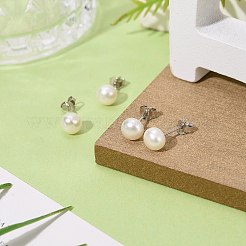バレンタインは彼女の925つのスターリングシルバーボールスタッドピアスにプレゼント  パールビーズ付き  ホワイト  16x6mm  ピン：0.6mm&nbsp;EJEW-D029-6mm-2