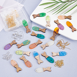 魚の形のイヤリングを手作りするキット  10色のレジン＆ウォールナットウッドペンダントを含む  真鍮のピアスフックと丸カン  ミックスカラー  10mm  穴：37.5x12x3mm&nbsp;DIY-OC0005-68