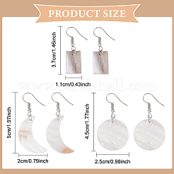 3 пара 3 стильных плоских круглых и лунных и прямоугольных серег-подвесок из искусственной акриловой ракушки EJEW-AN0002-94