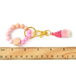シリコンビーズブレスレットキーホルダー  リストレット ポリコットン タッセル 合金 キーチェーン  ピンク  12.5cm&nbsp;KEYC-FS00001