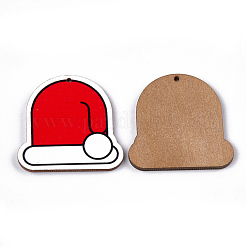 プリントバスウッドペンダント  バックランダムカラー  クリスマスの帽子  レッド  44.5x45x3mm  穴：1.5mm&nbsp;WOOD-S045-052