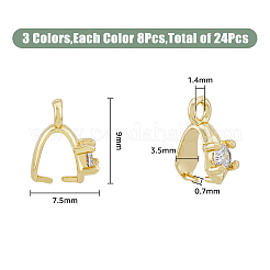 24個 3色 真鍮 マイクロパヴェ キュービックジルコニア アイスピック ピンチベイル  ミックスカラー  9x3.5x7.5mm  穴：1.4mm  インナー：5x4mm  ピン：0.7mm  8個/カラー&nbsp;ZIRC-HY0001-07