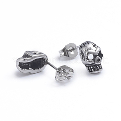 レトロ 304 ステンレス スタッド イヤリング  耳ナッツ  スカル  アンティークシルバー  9x6mm  ピン：0.6mm&nbsp;EJEW-L248-040AS