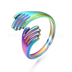 304ステンレススチールハグハンドカフリング  女性のためのレインボーカラーオープンリング  usサイズ5 1/4(15.9mm)&nbsp;RJEW-N038-052
