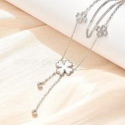 304ステンレススチールシェルパールクローバーペンダントダブルレイヤーネックレスレディース  ホワイト  ステンレス鋼色  14.57インチ（37cm）&nbsp;NJEW-U036-01P