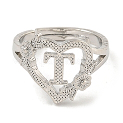 Сердце с буквой и цветком стойка покрытие латунь регулируемые кольца для женщин RJEW-I105-05P-T