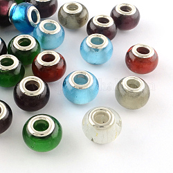 Handmade Silver Foil Glass European Beads, with Silver Color Plated Brass Cores, Rondelle, Mixed Color, 14x10mm, Hole: 5mm