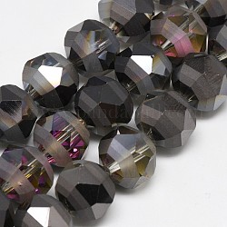 Abalorios de vidrio electroplate hebras, arco iris chapado, esmerilado, facetados, redondo, negro, 7~8x7mm, agujero: 1.5 mm, aproximamente 72 pcs / cadena, 19.68 pulgada