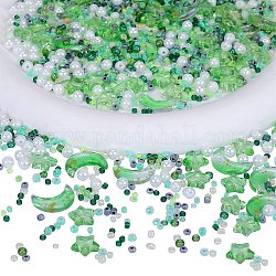 2 sacchetto di vetro e perline, con polvere di scintillio, perla imitazione e colori trasparenti e interni, luna e stella e rotondo, verde lime, 2~16x2~11.5mm, Foro: 0.8~1.2 mm